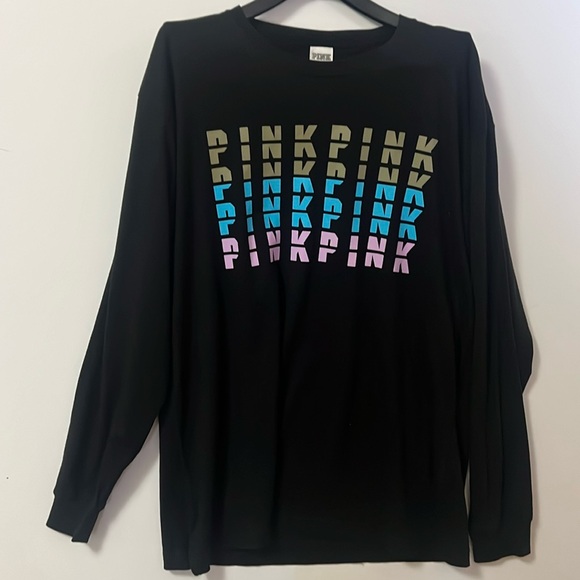 PINK VICTORIA SECRET MULTI PINK‎ LOGO LONG SLEEVE T SHIRT SIZE L - Picture 1 of 7